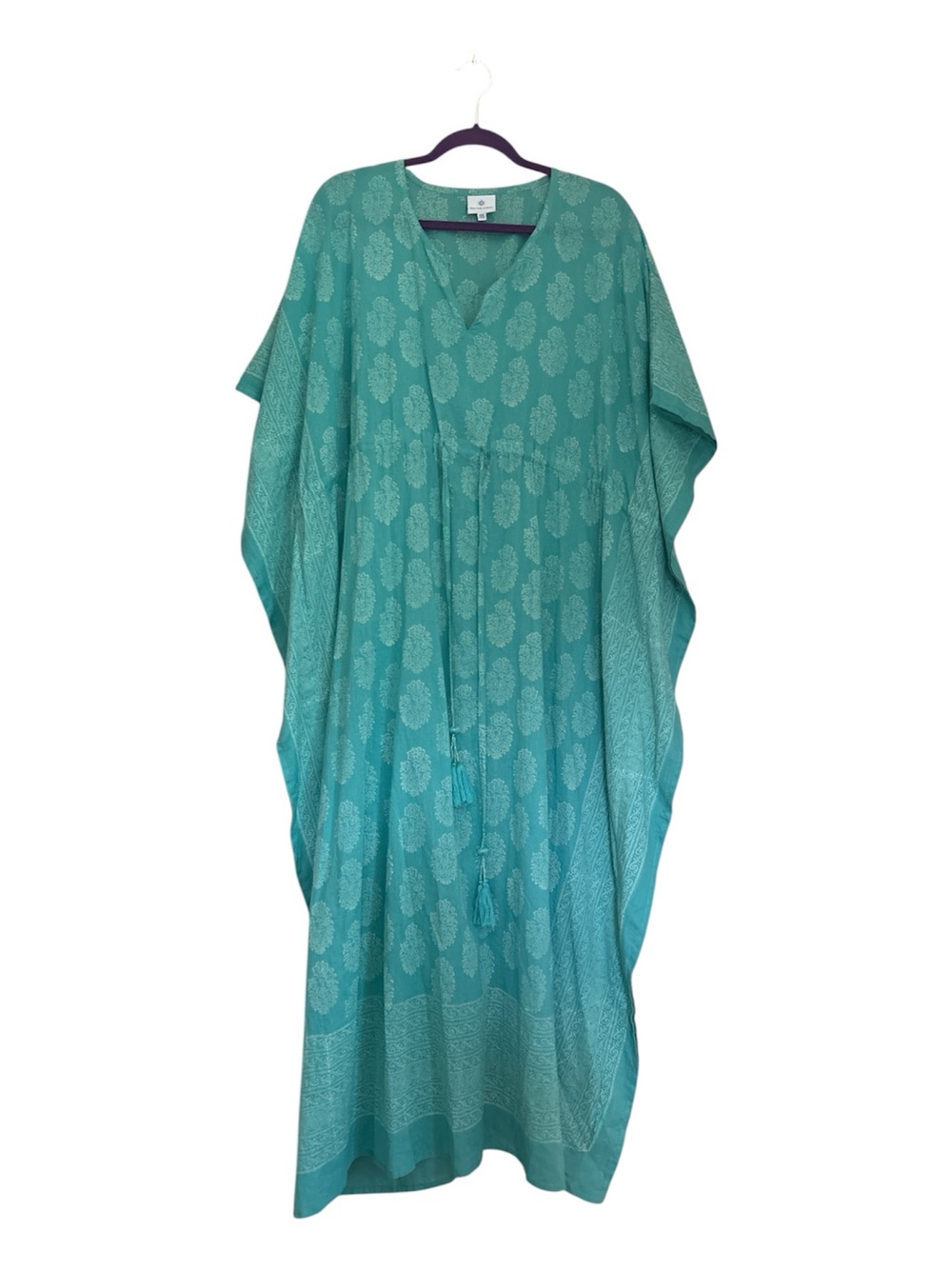 Pax Philomena Turquoise Cotton Block Print Maxi Kaftan Resort Dress One Size OS